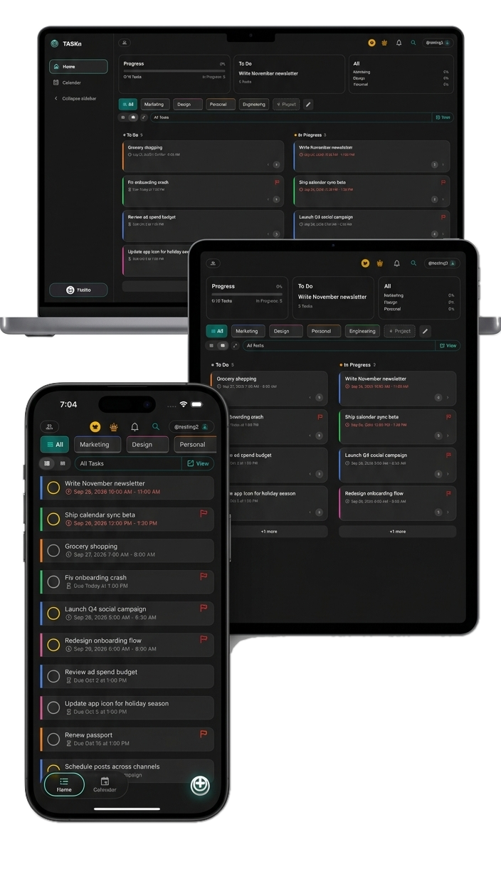 TASKn running on laptop, tablet and phone