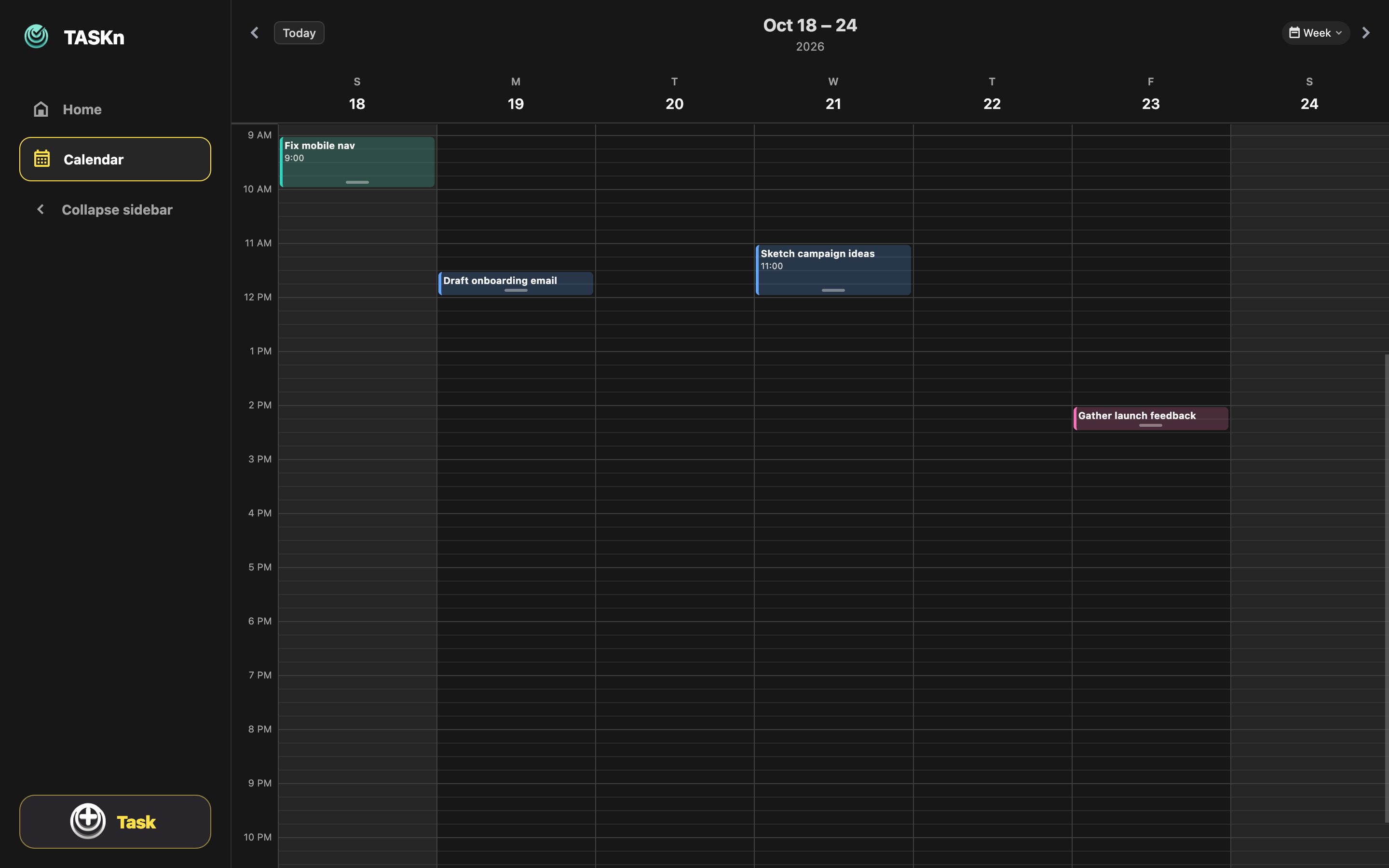 TASKn calendar week showing scheduled demo tasks including Fix mobile nav and Draft onboarding email
