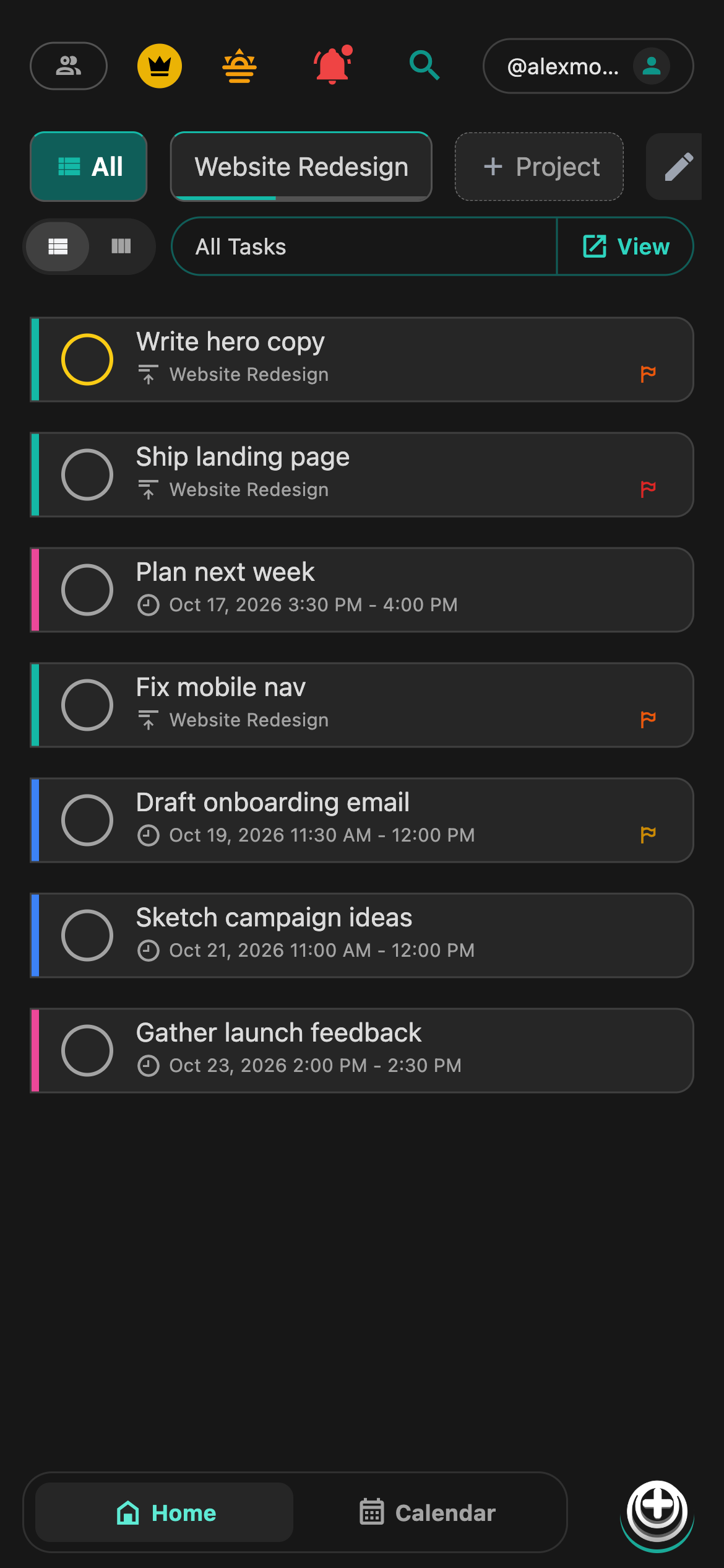 TASKn ranked list with Website Redesign demo tasks and Write hero copy at the top