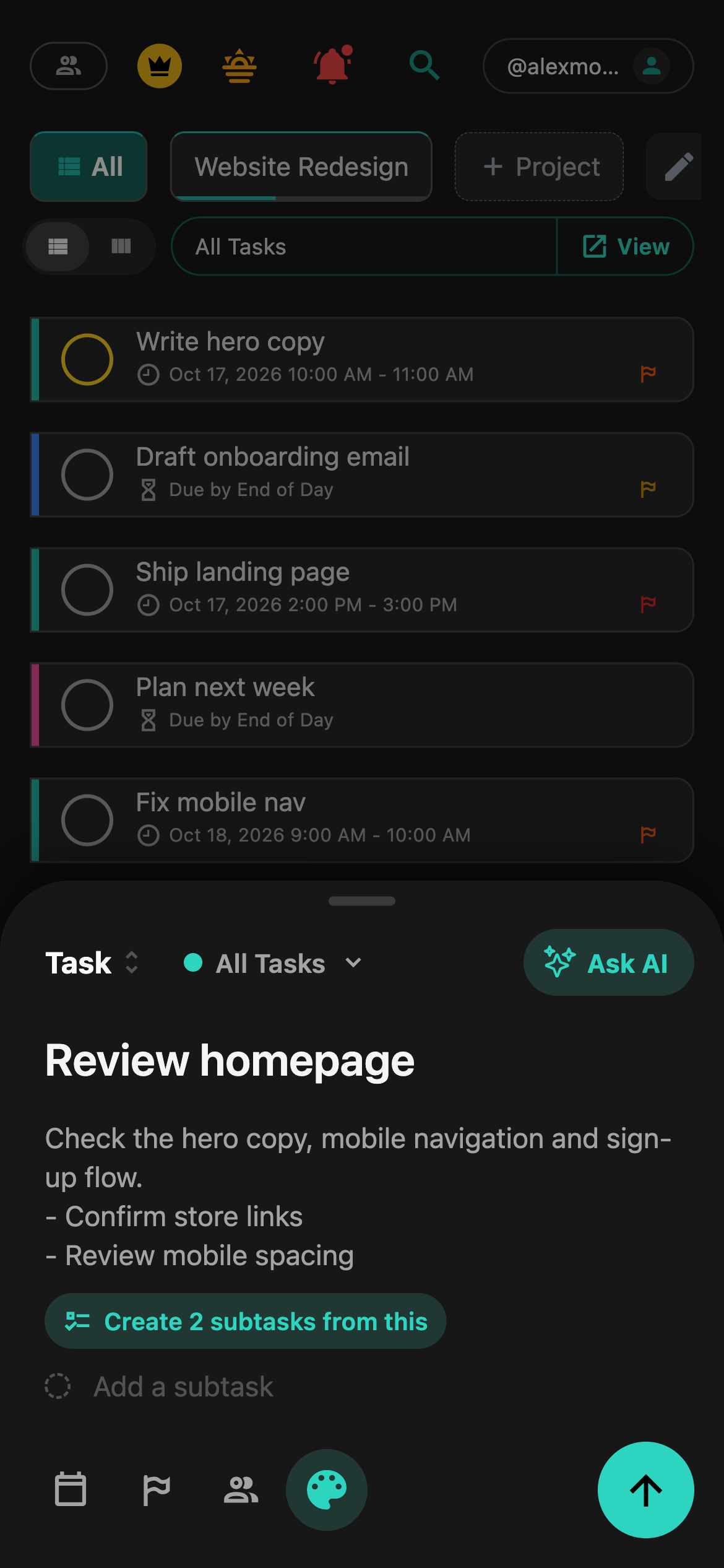 TASKn task creator with Review homepage, detailed notes and a Create 2 subtasks action