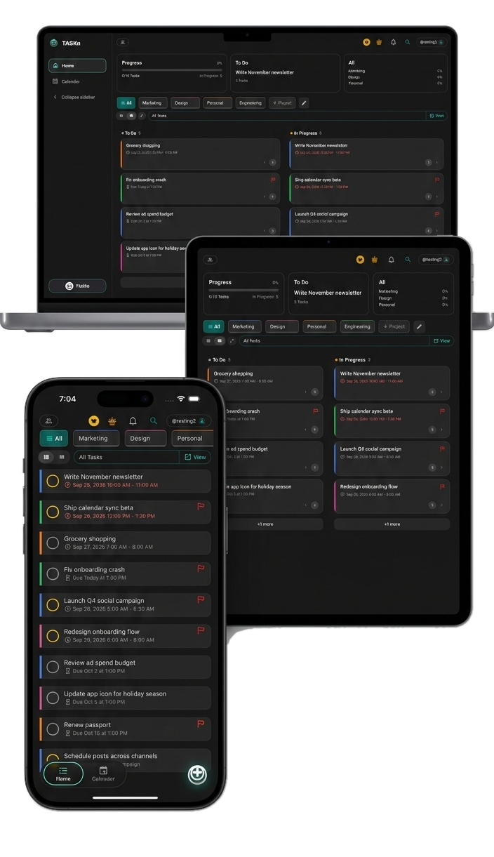 TASKn running on laptop, tablet and phone